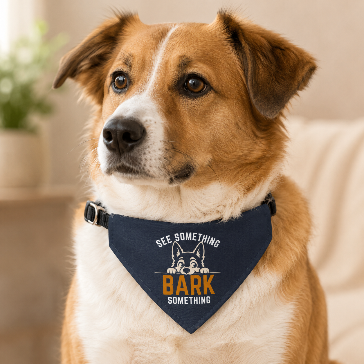 Tan and white dog wearing the "See Something Bark Something" collar bandana indoors.