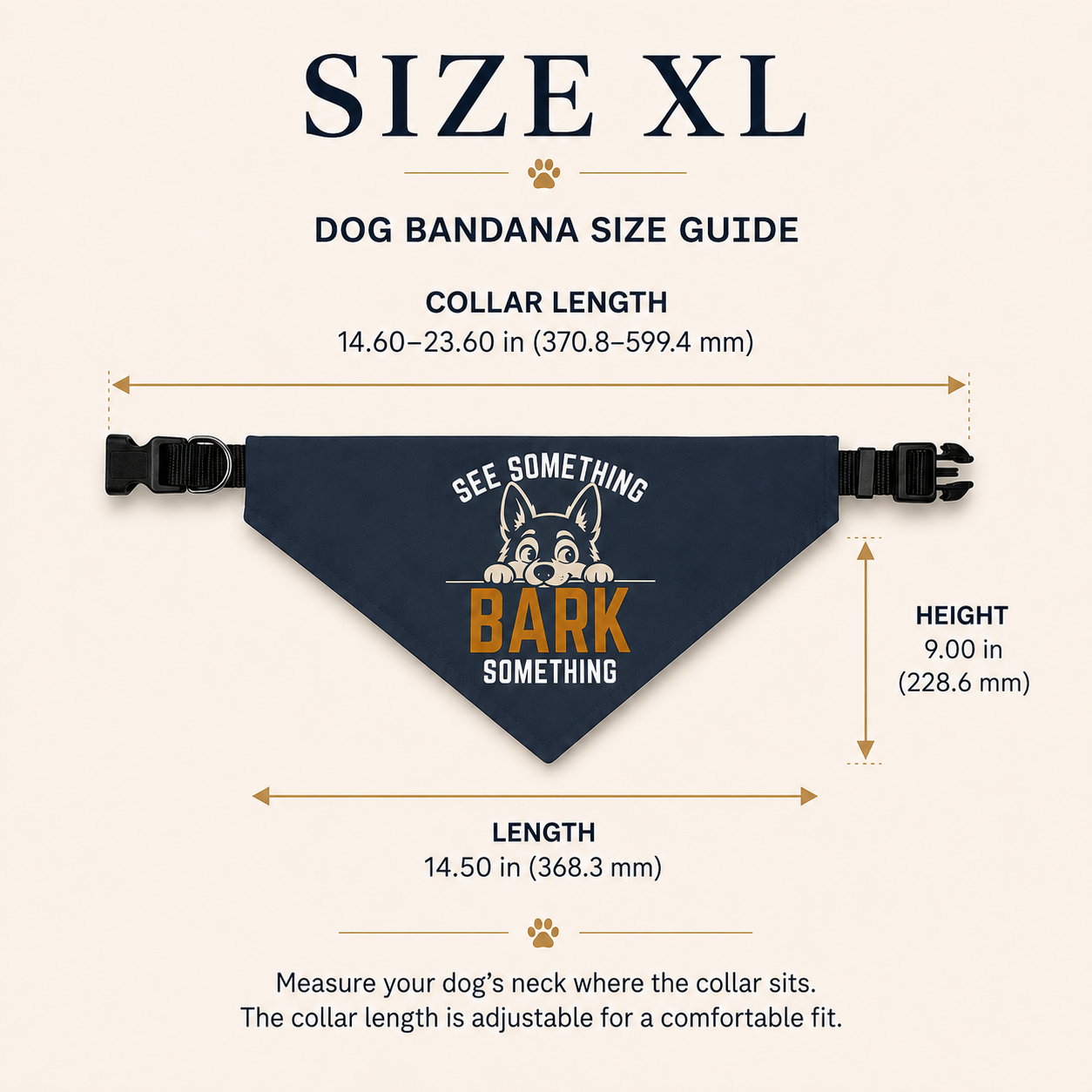 Navy funny dog collar bandana with clip-on black collar, laid flat, front view.