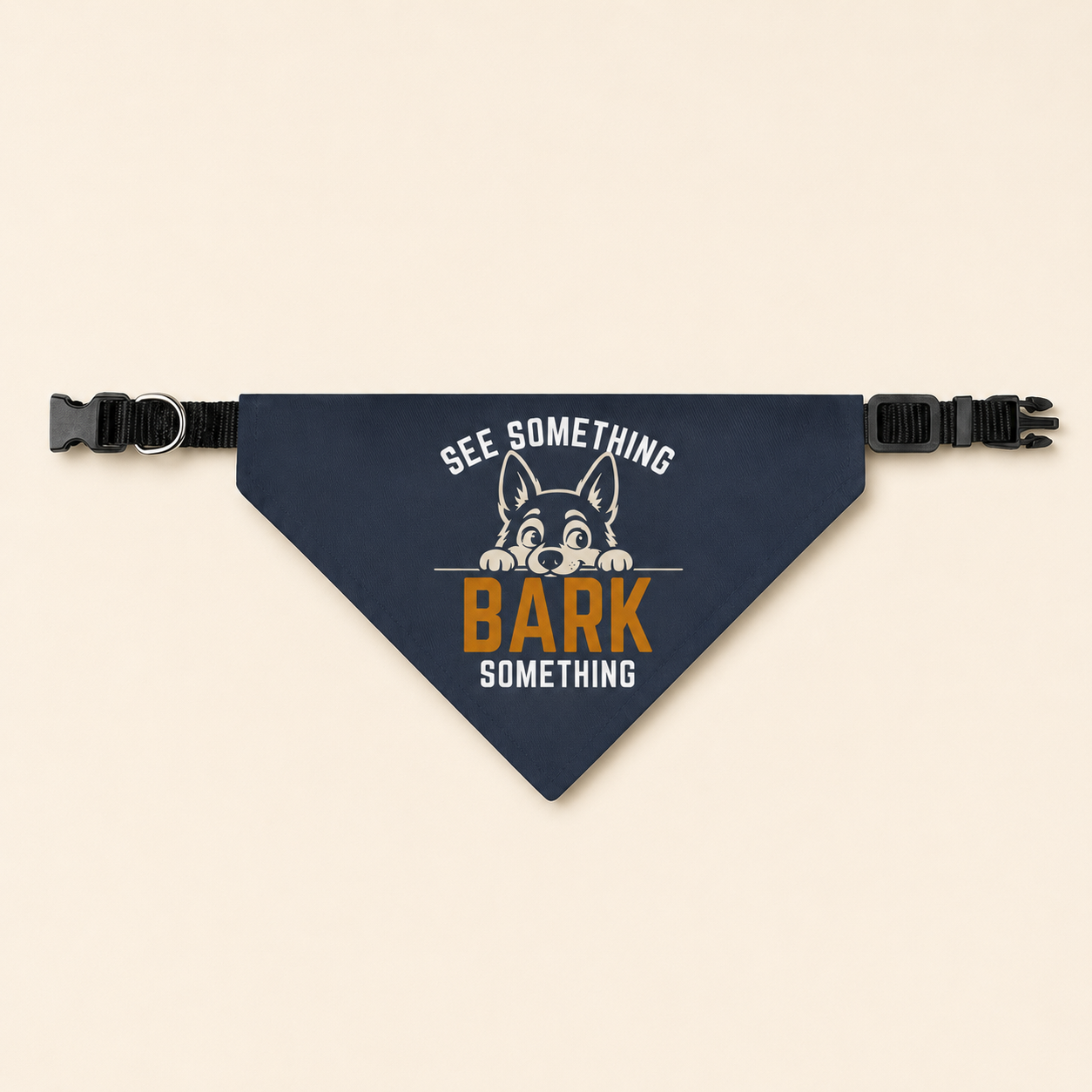 Navy funny dog collar bandana with clip-on black collar, laid flat, front view.