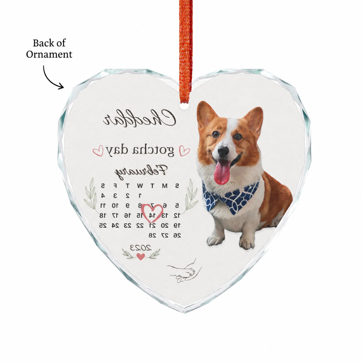 Back of the crystal heart dog ornament showing the one-sided photo print visible in reverse.