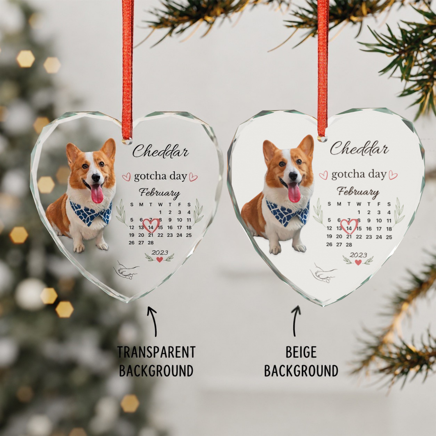 Two personalized dog ornaments compared side by side with transparent and beige background color options.
