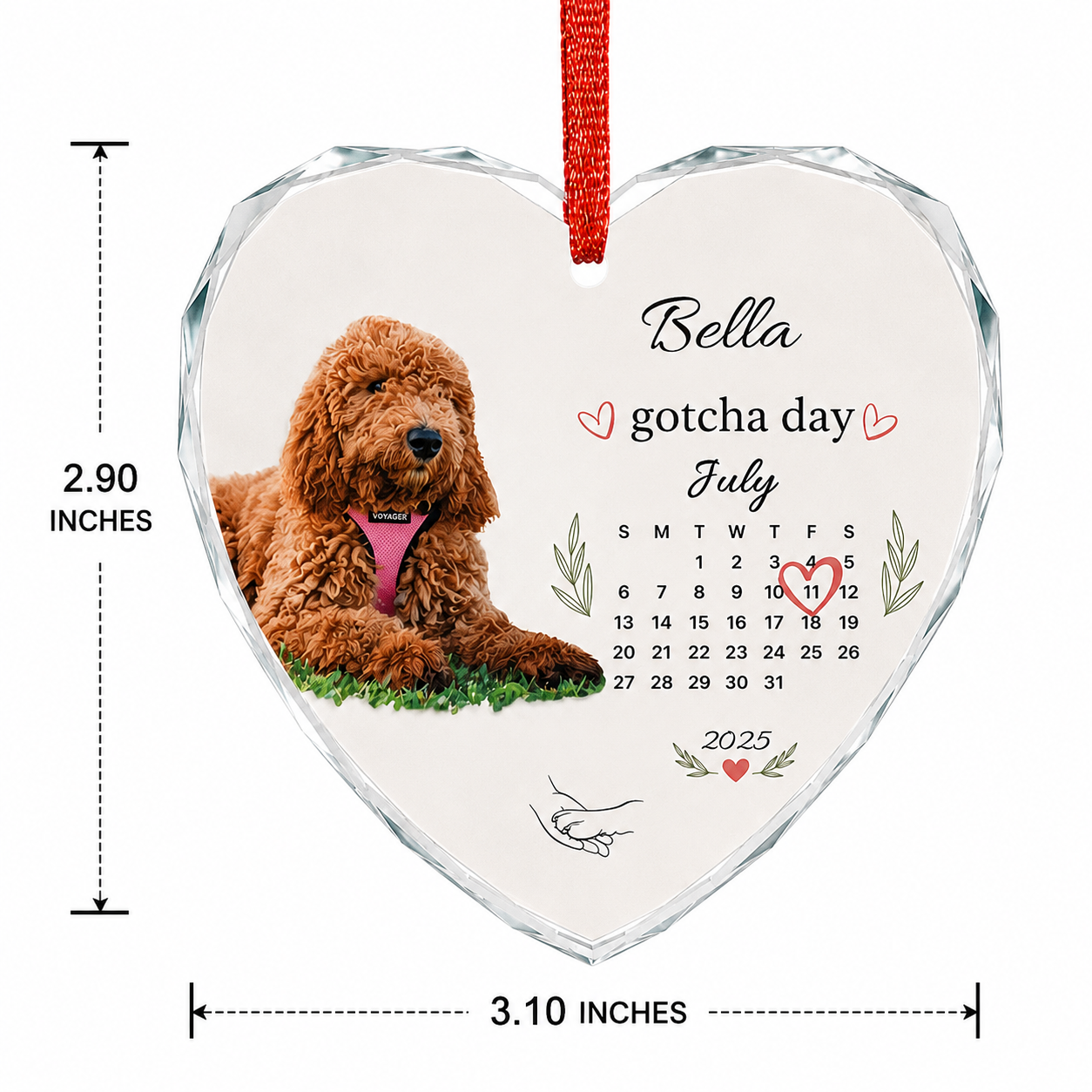 Dimension diagram showing the crystal heart dog ornament measures 2.9 by 3.1 inches.