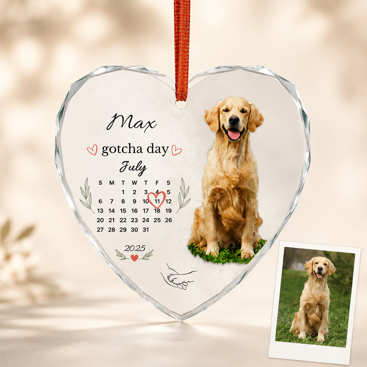 Crystal heart ornament personalized with a golden retriever's photo and July gotcha day calendar.