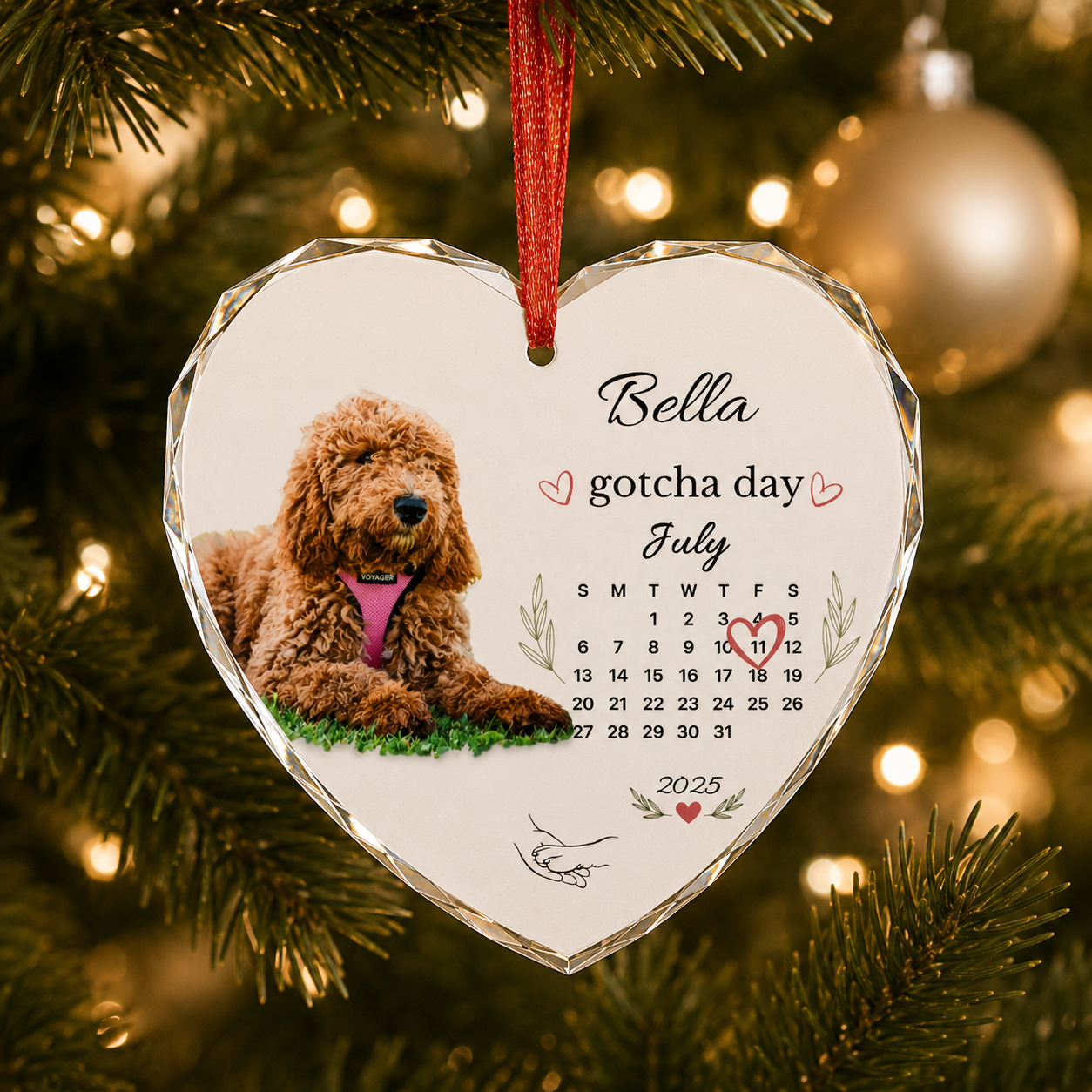 Personalized goldendoodle gotcha day ornament hanging on a Christmas tree with string lights.