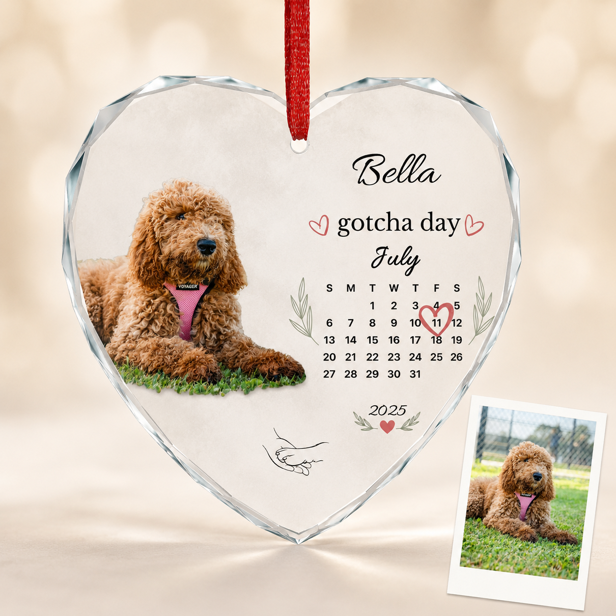 Crystal heart ornament personalized with a goldendoodle's photo and July gotcha day calendar.