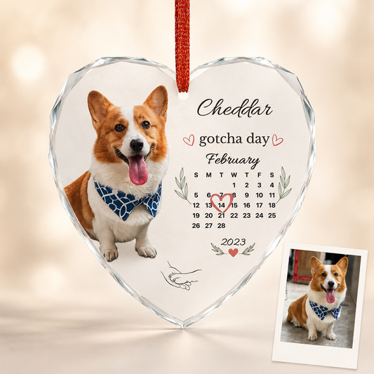 Crystal heart ornament personalized with a corgi's photo, name, and gotcha day calendar date.