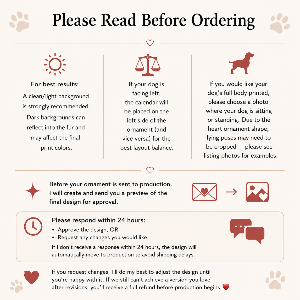 Infographic with photo tips and the design-proof and revision policy for ordering this personalized ornament.