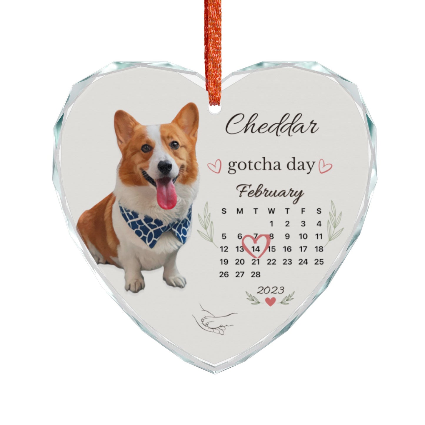 Personalized crystal heart dog ornament photographed on a plain white background.