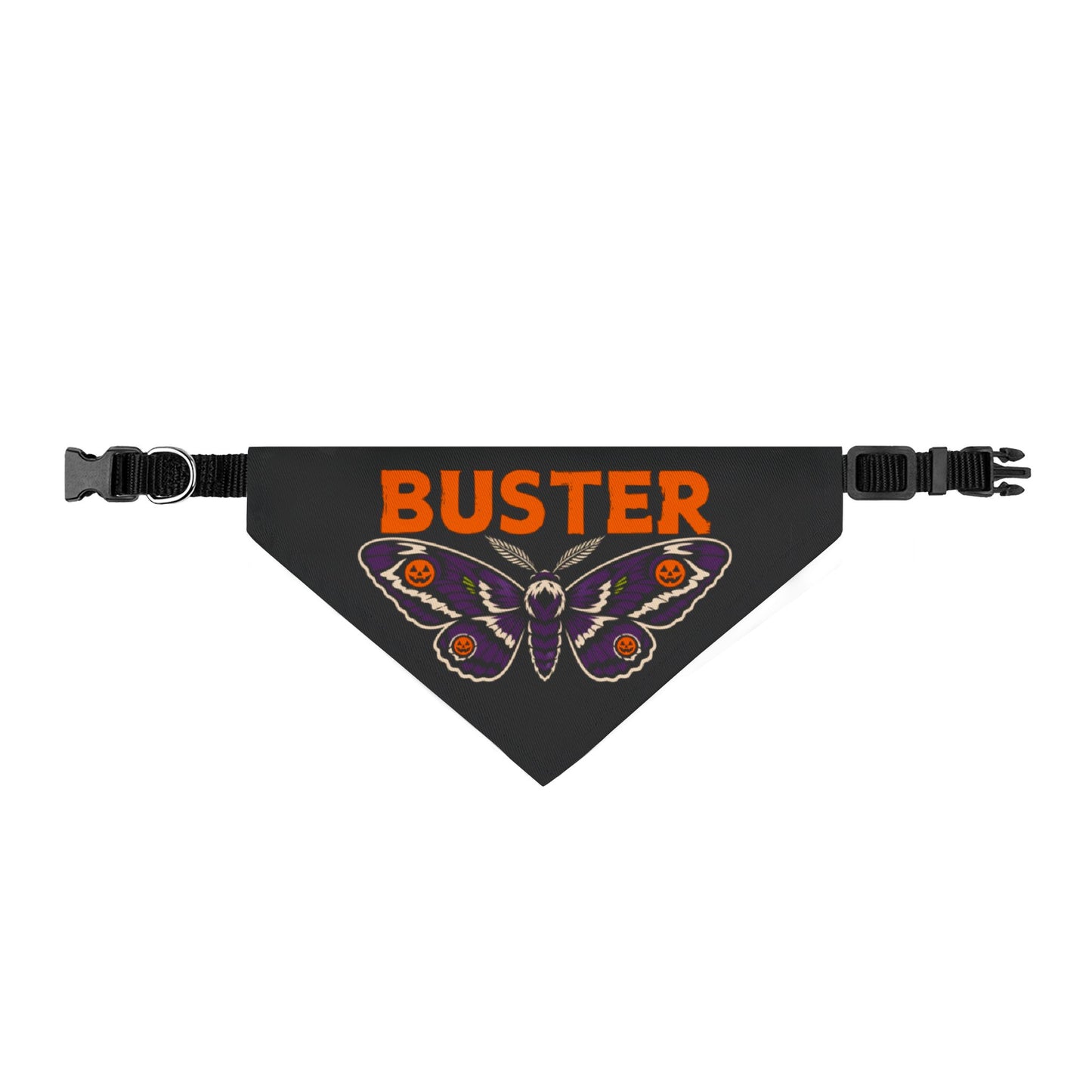 Personalized Halloween dog bandana with the name Buster on a white background.