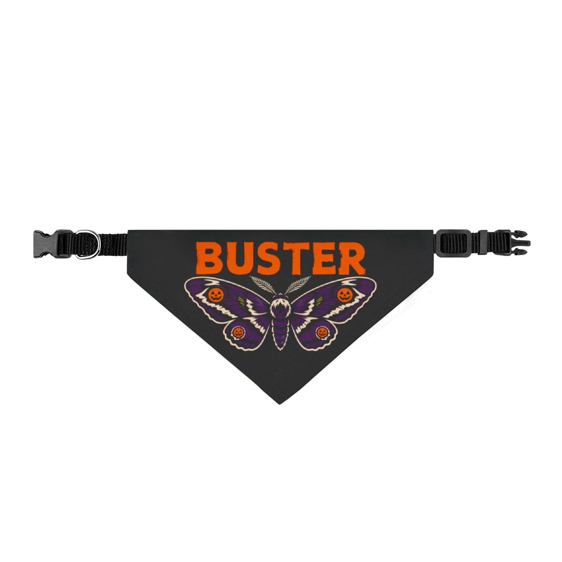 Personalized Halloween dog bandana with the name Buster on a white background.