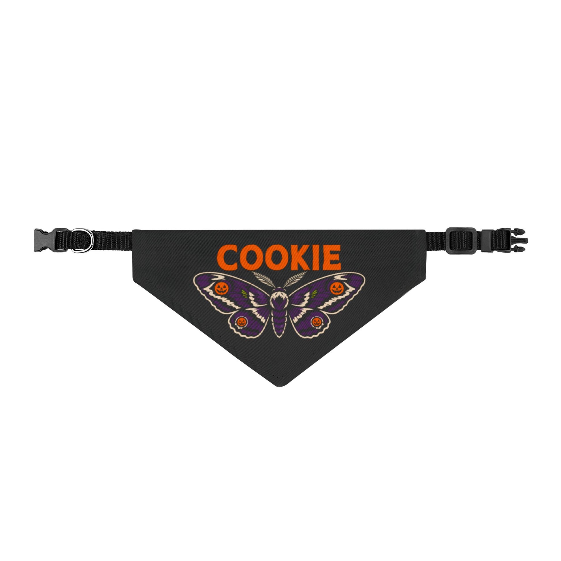 Personalized Halloween dog bandana with the name Cookie on a white background.