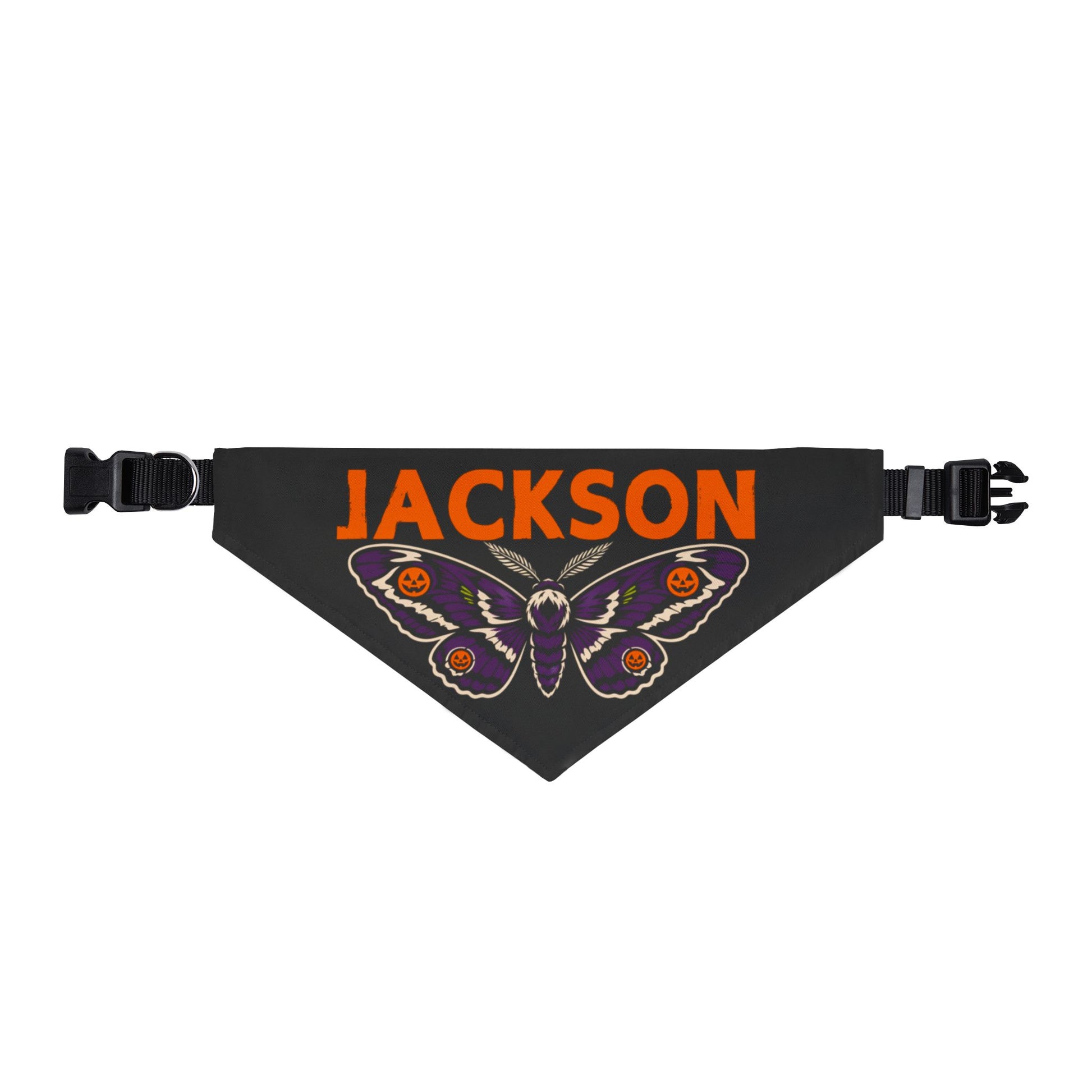 Personalized Halloween dog bandana with the name Jackson on a white background.