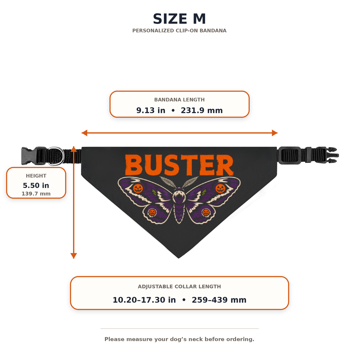 Size chart for the medium Halloween dog bandana showing length, height, and collar measurements.