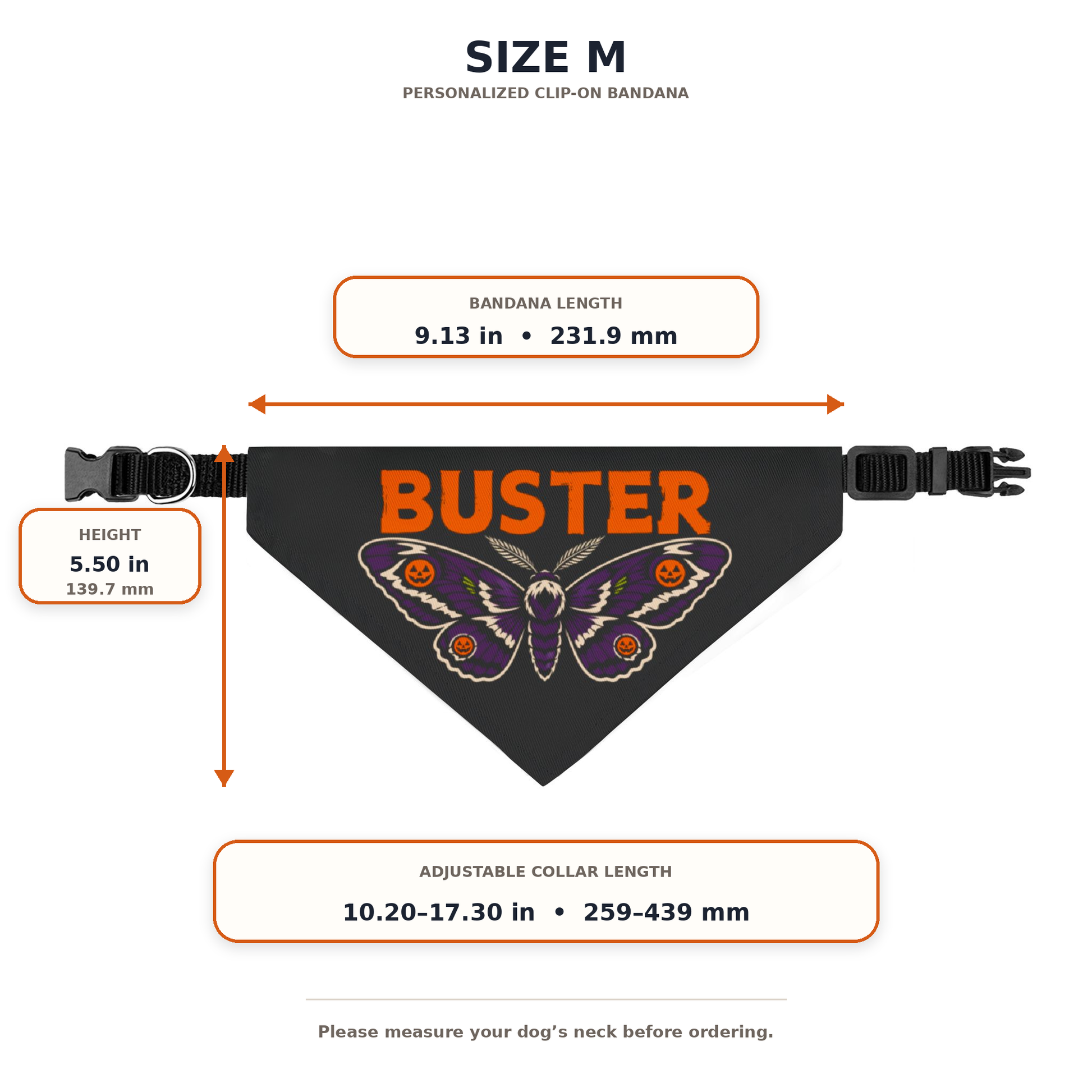 Size chart for the medium Halloween dog bandana showing length, height, and collar measurements.