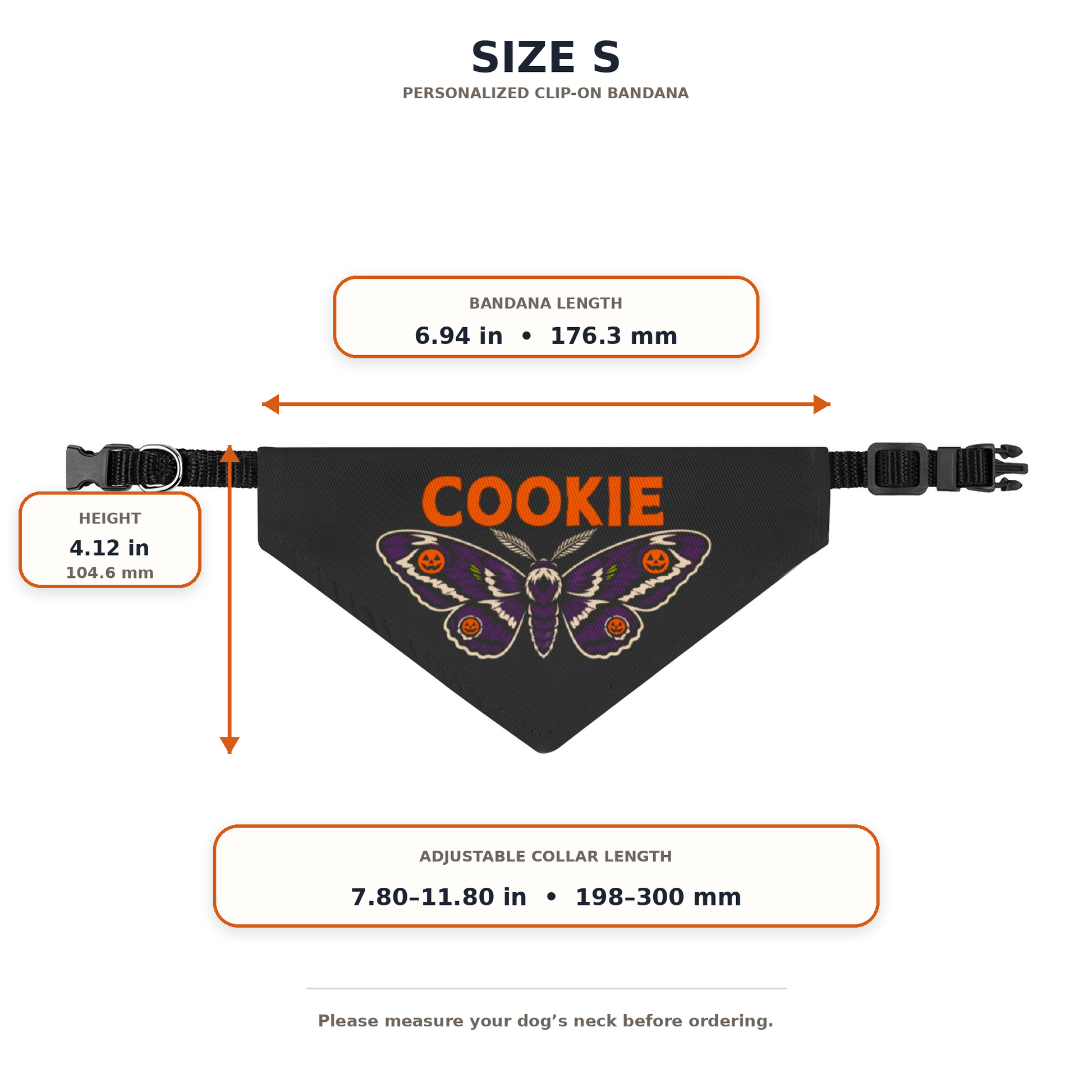 Size chart for the small Halloween dog bandana showing length, height, and collar measurements.