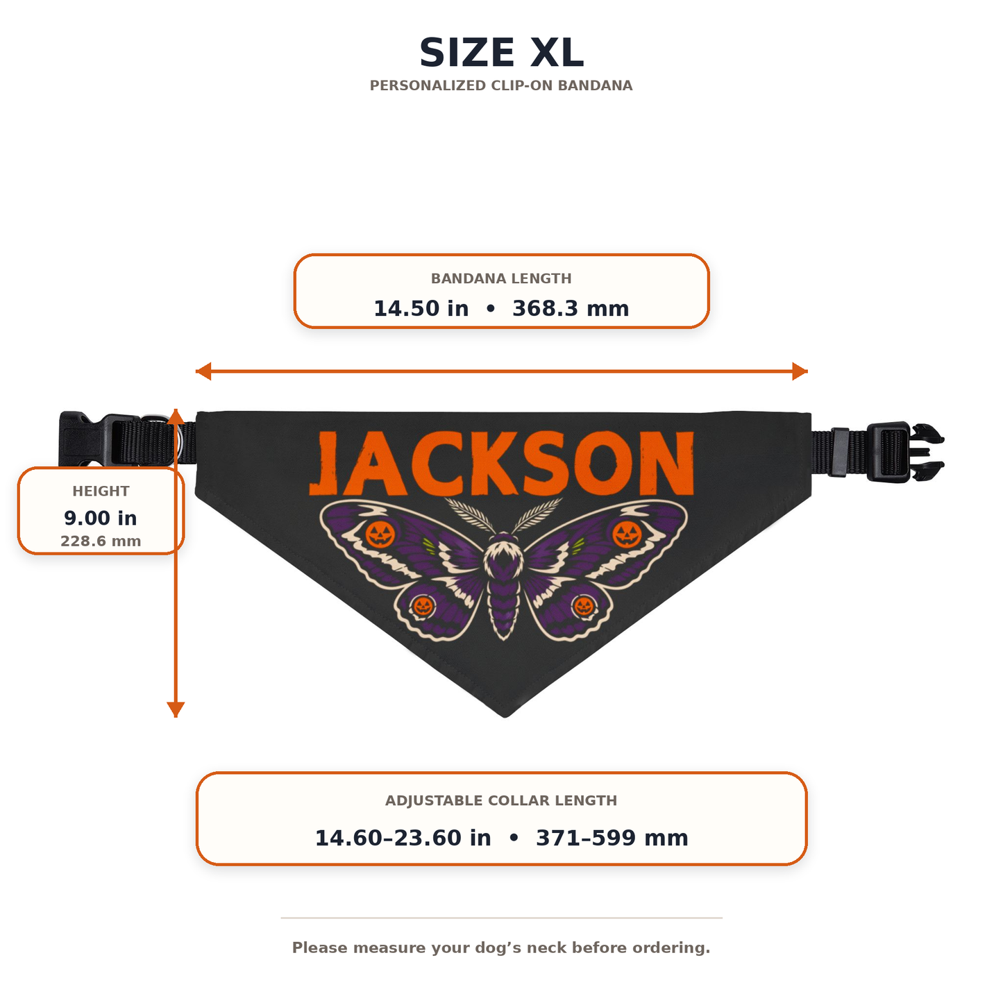 Size chart for the XL Halloween dog bandana showing length, height, and collar measurements.
