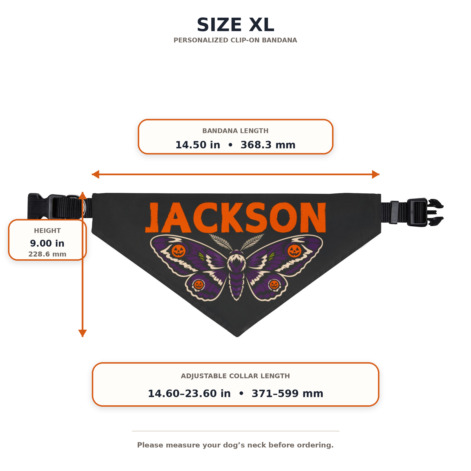Size chart for the XL Halloween dog bandana showing length, height, and collar measurements.