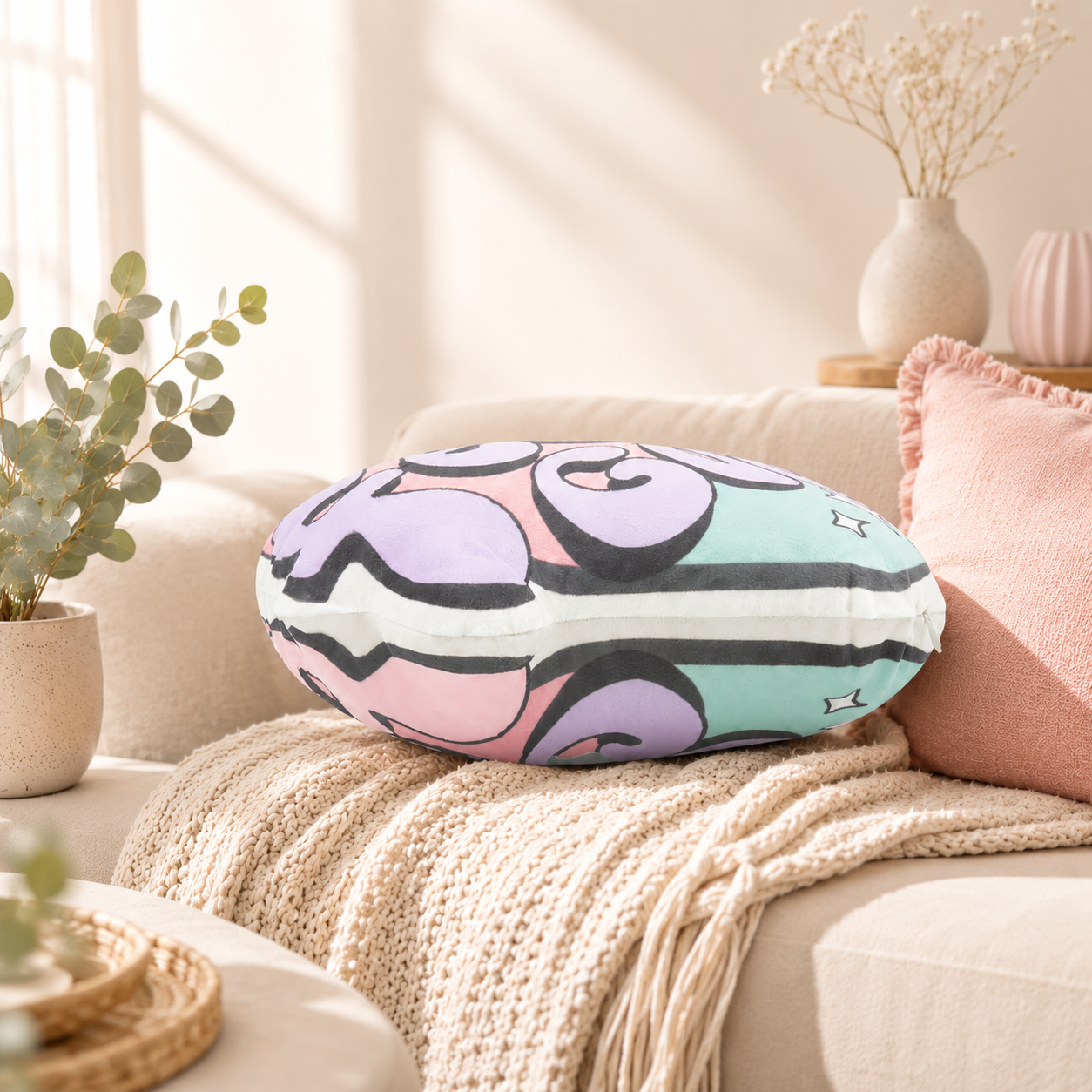 Decorative oval throw pillow with an abstract pastel pattern on a couch