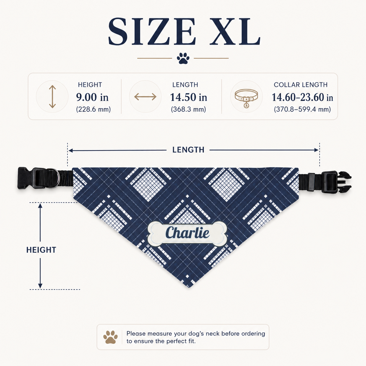 Size XL navy plaid dog bandana measurements: 9.00 in height, 14.50 in length, 14.60–23.60 in collar length.