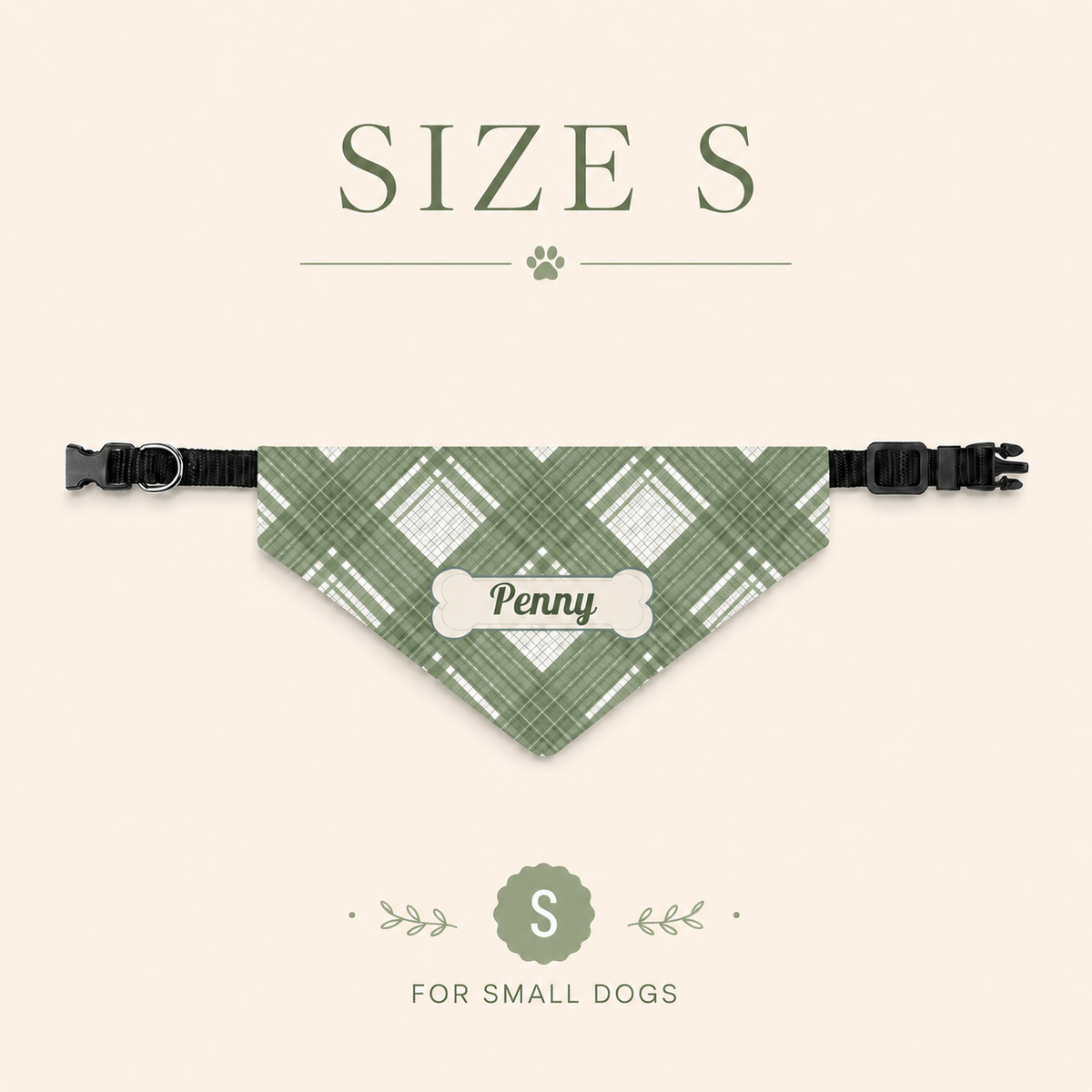 Size S olive plaid personalized dog bandana for small dogs, shown with its adjustable clip-on collar.
