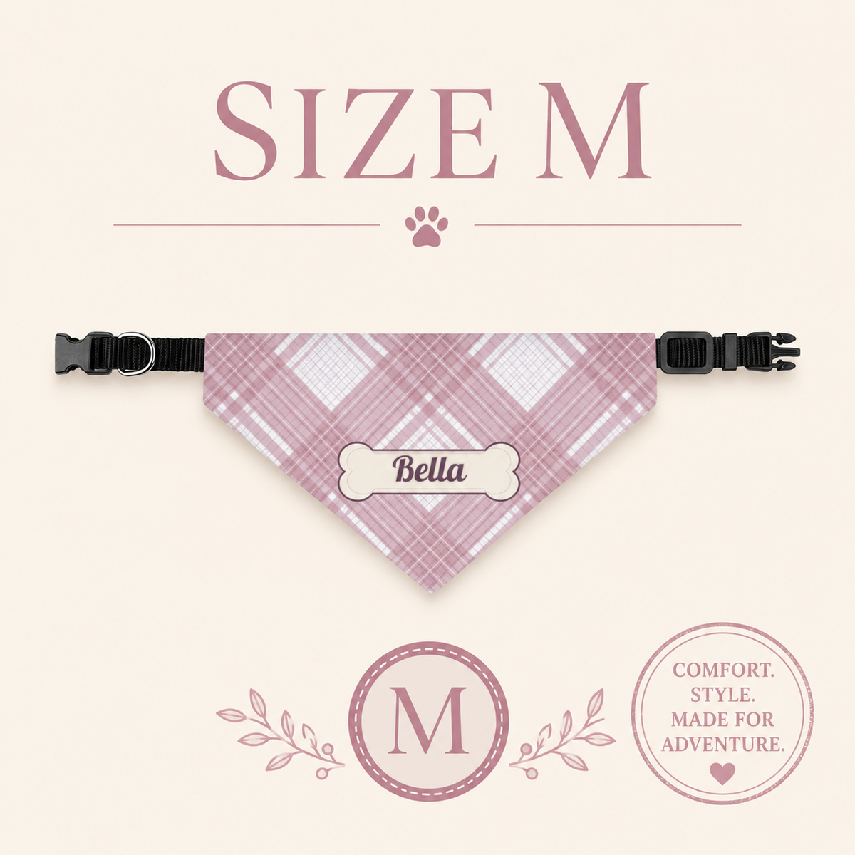 Size M rose plaid dog collar bandana with clip-on collar and the name Bella printed on a bone patch.