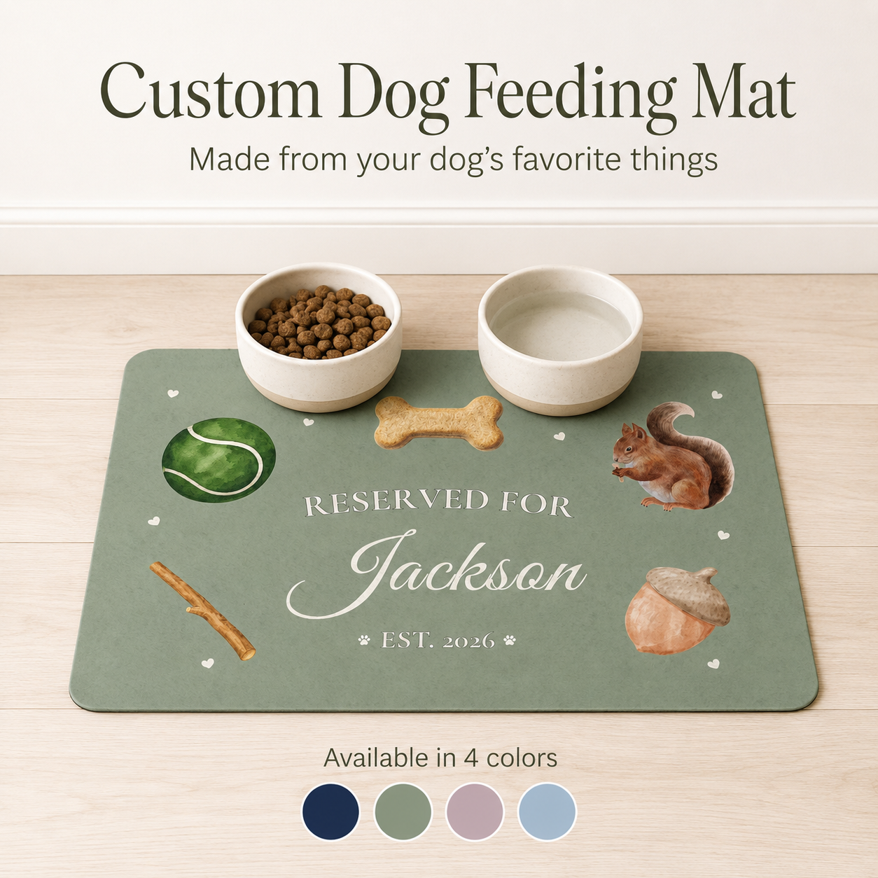 Sage green custom dog bowl mat personalized with the name Jackson and squirrel, acorn icons.