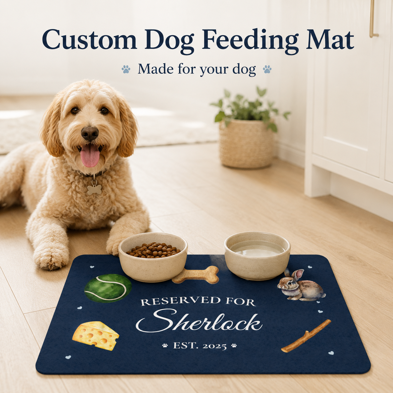 Golden doodle sitting behind a navy personalized dog feeding mat with bowls of food and water.