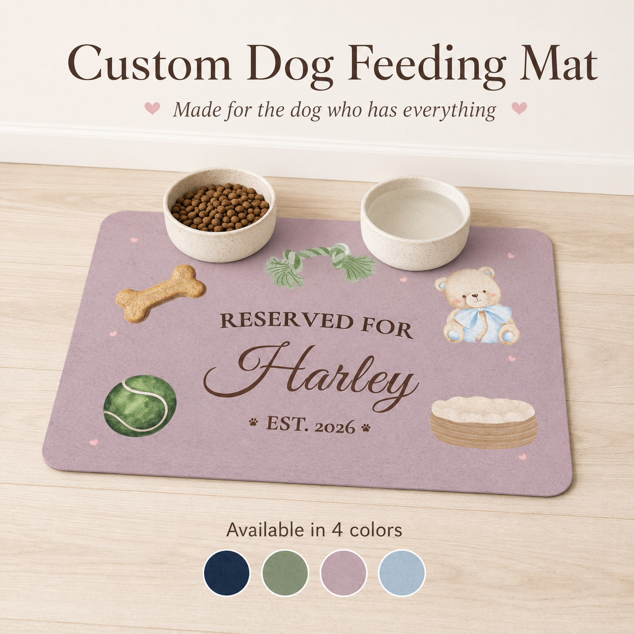 Mauve pink personalized dog mat with the name Harley and teddy bear, dog bed icons.