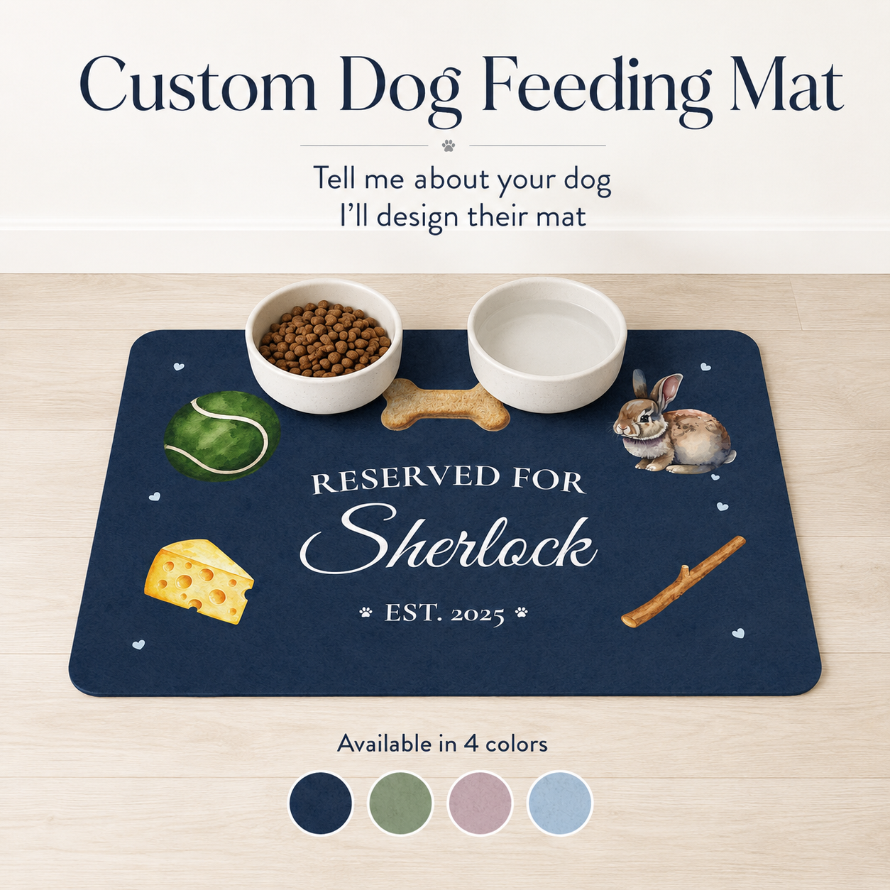 Navy personalized dog feeding mat customized with the name Sherlock, shown with two ceramic bowls.