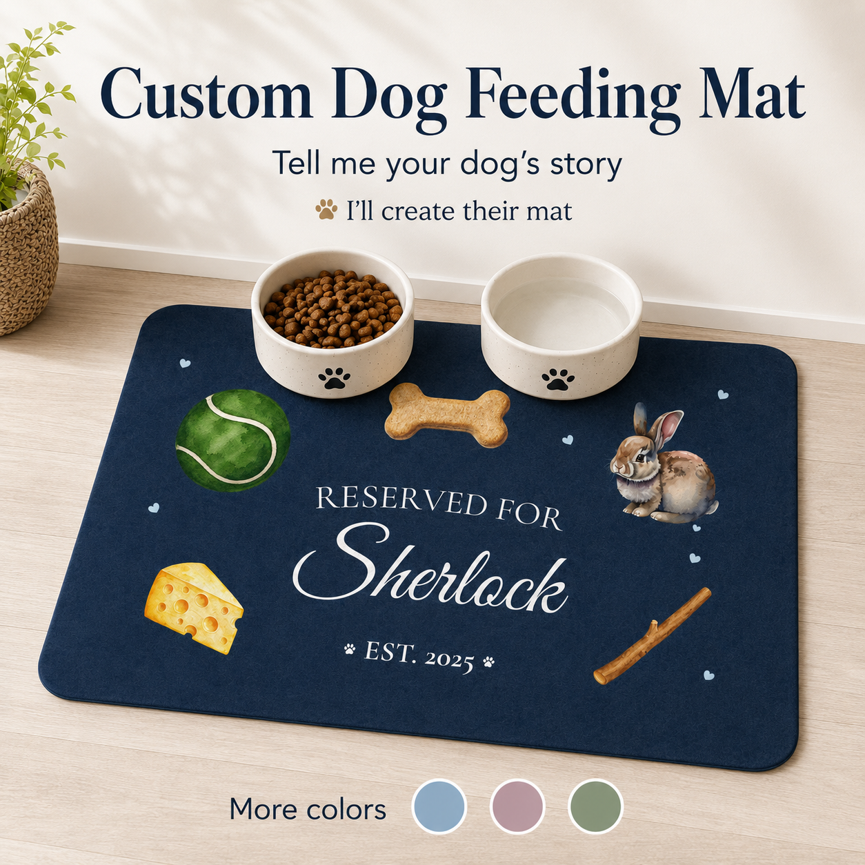 Navy personalized dog feeding mat with food and water bowls, custom-made for a dog named Sherlock.