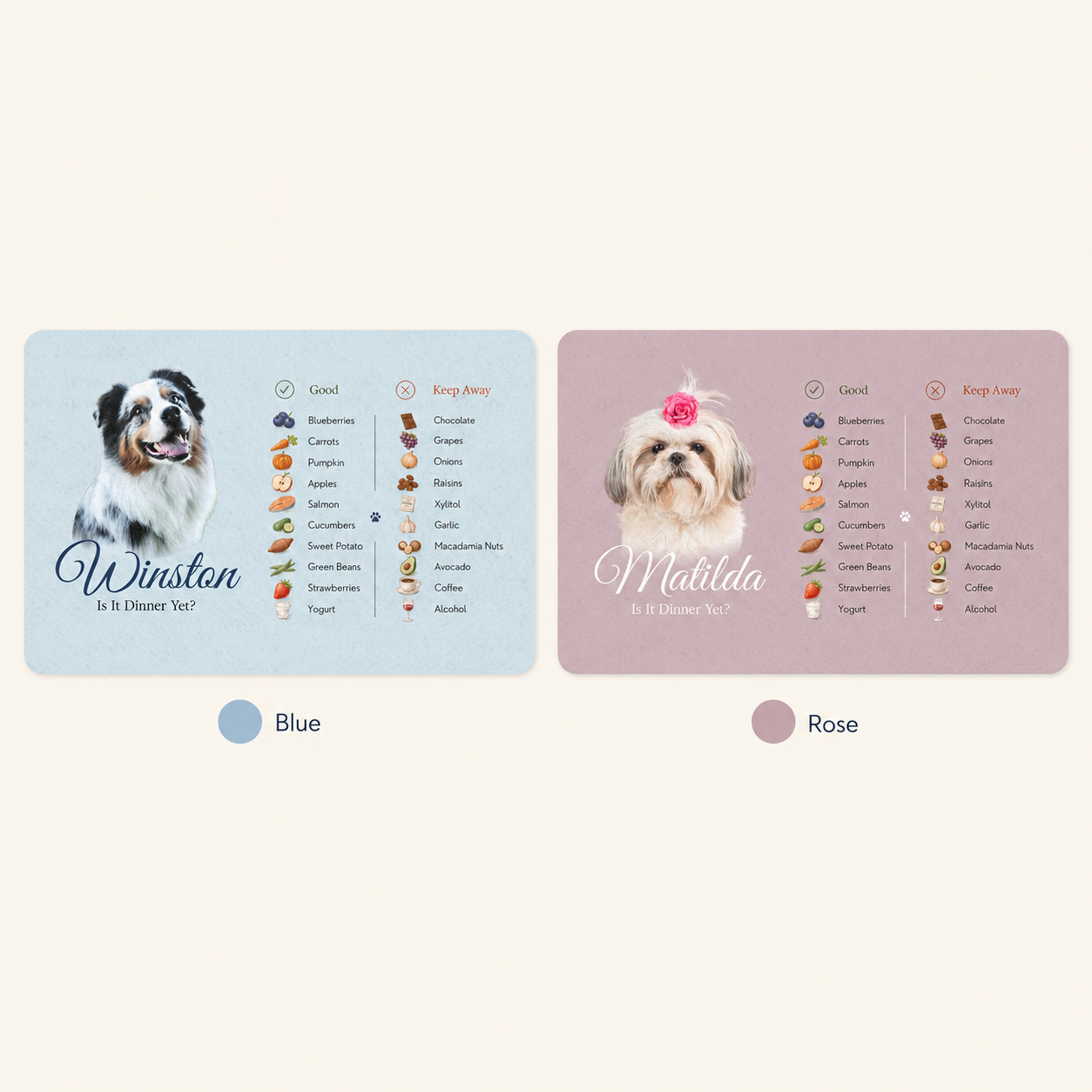 The dog food mat in both colours side by side: Blue with an Aussie photo, Rose with a Shih Tzu photo.