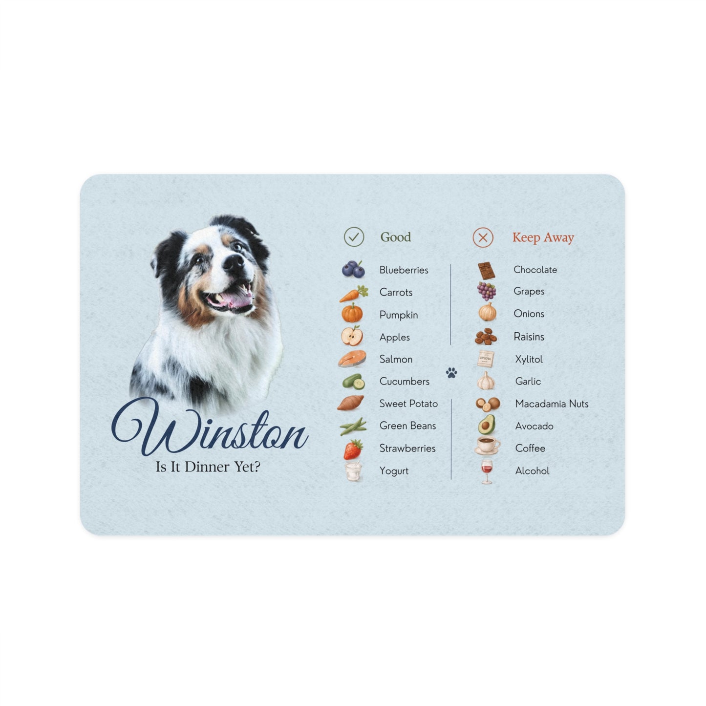 Flat front view of the Blue dog food mat with an Australian Shepherd's photo, the name Winston and the food list.