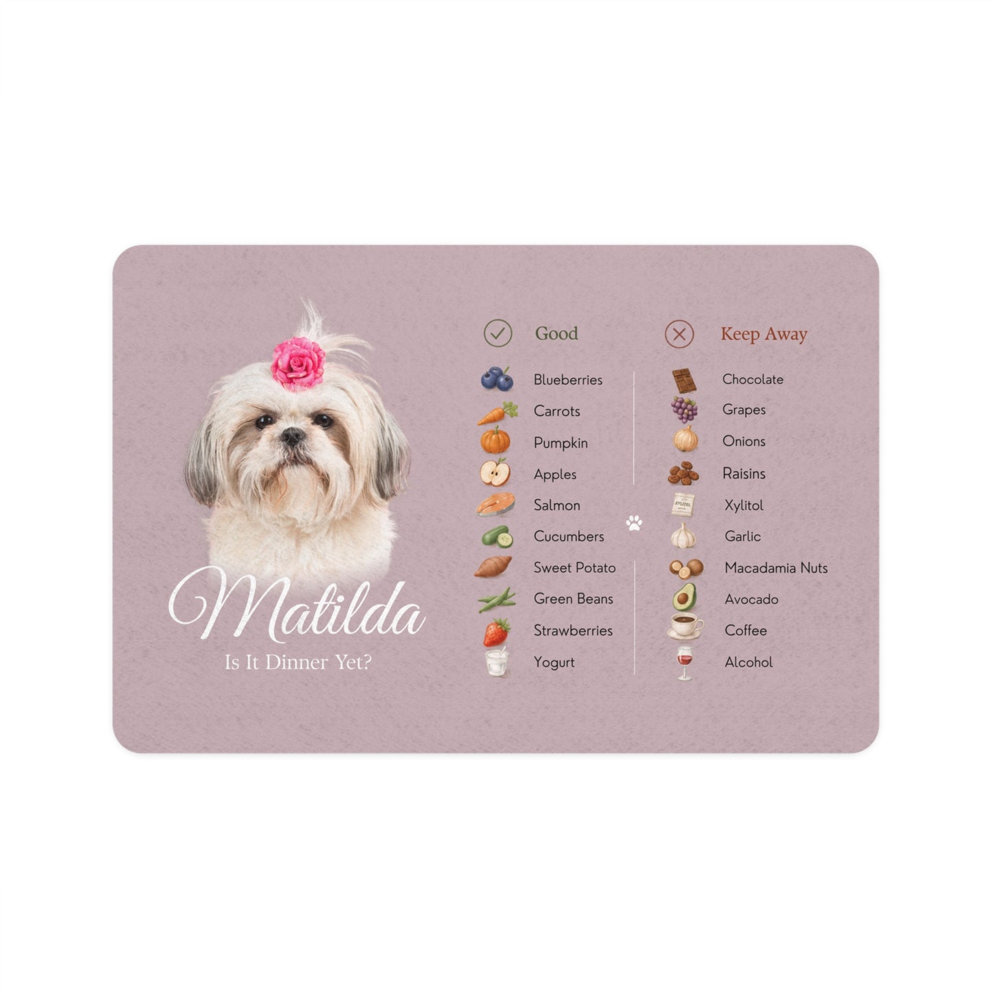 Flat front view of the Rose dog food mat with a Shih Tzu's photo, the name Matilda and the safe foods list.
