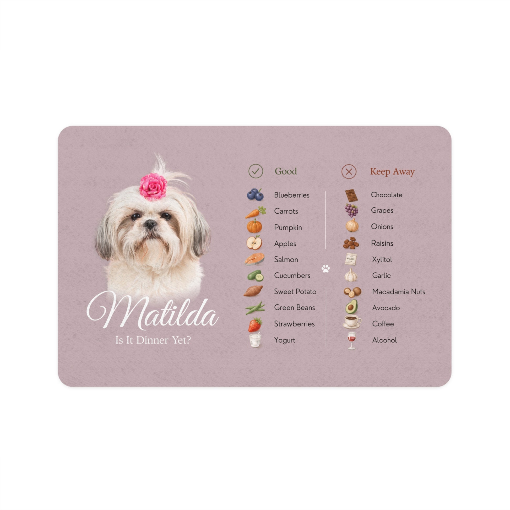 Flat front view of the Rose dog food mat with a Shih Tzu's photo, the name Matilda and the safe foods list.