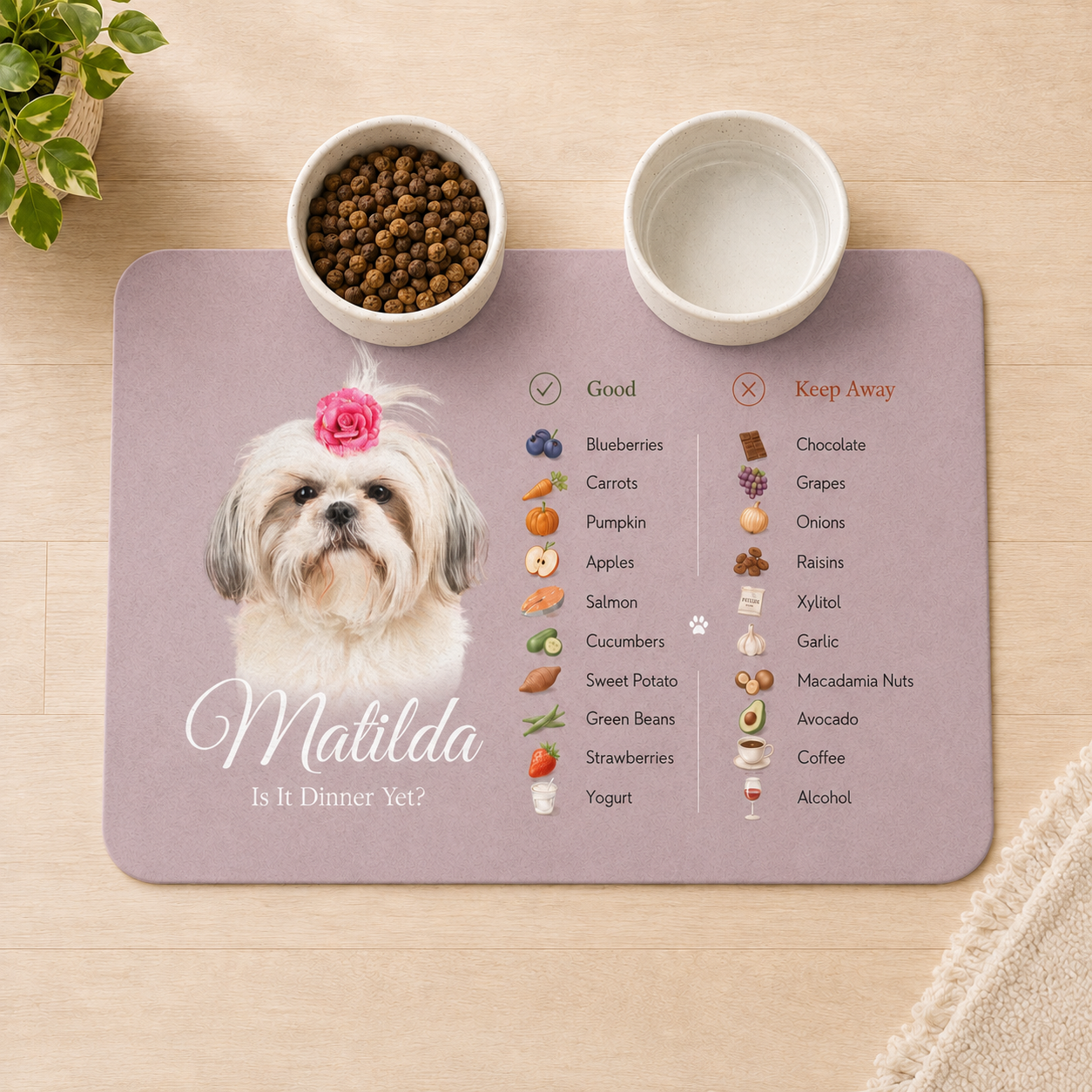 Rose personalized dog food mat with a Shih Tzu's photo, the name Matilda, and food and water bowls on top.