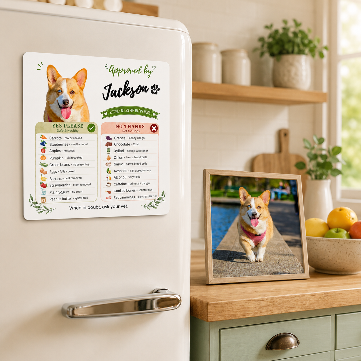 Personalized dog magnet featuring a corgi named Jackson on a cream kitchen fridge, framed photo nearby.