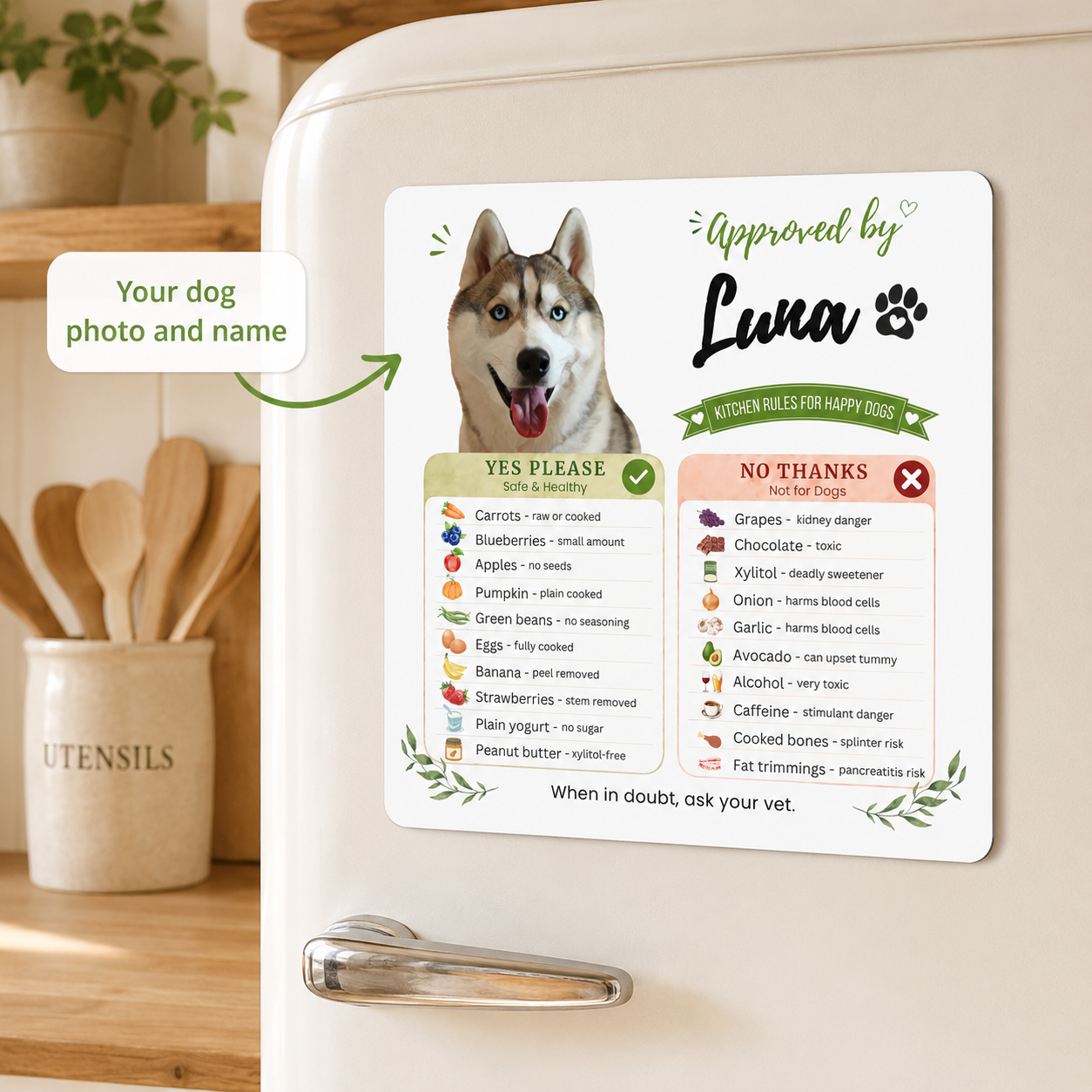 Personalized dog magnet with a husky's photo on a cream fridge in a kitchen with wooden utensils.