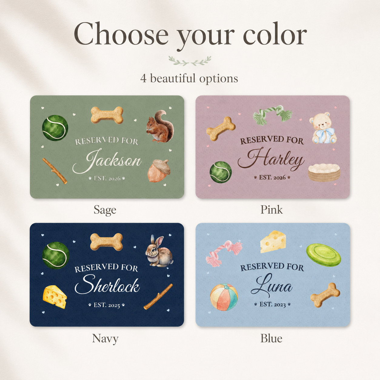Four color options for the personalized dog feeding mat: sage, pink, navy, and blue.