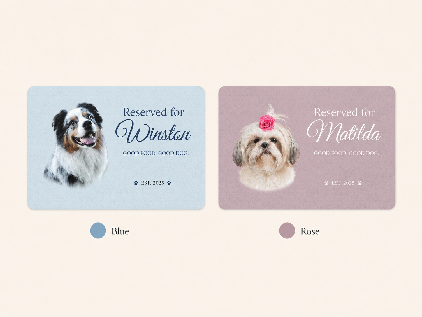 The dog placemat in both colours: Blue with an Aussie's photo and Rose with a Shih Tzu's photo.