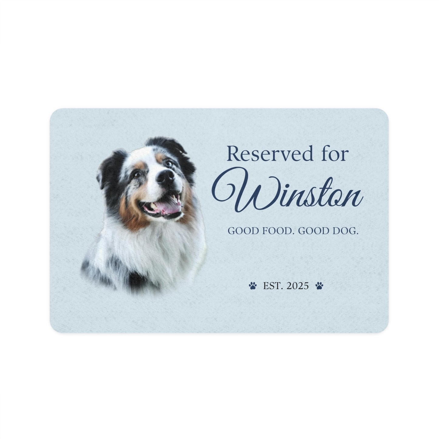 Flat front view of the Blue personalized dog placemat with an Australian Shepherd's photo and name.
