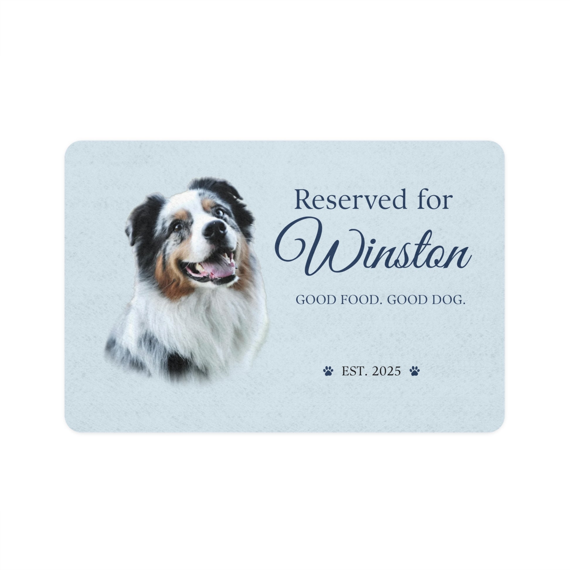 Flat front view of the Blue personalized dog placemat with an Australian Shepherd's photo and name.