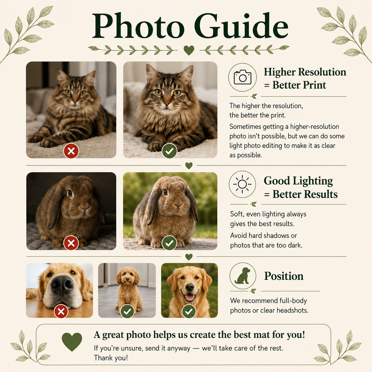 Photo guide for the personalized dog placemat: resolution, lighting and framing examples for pet photos.