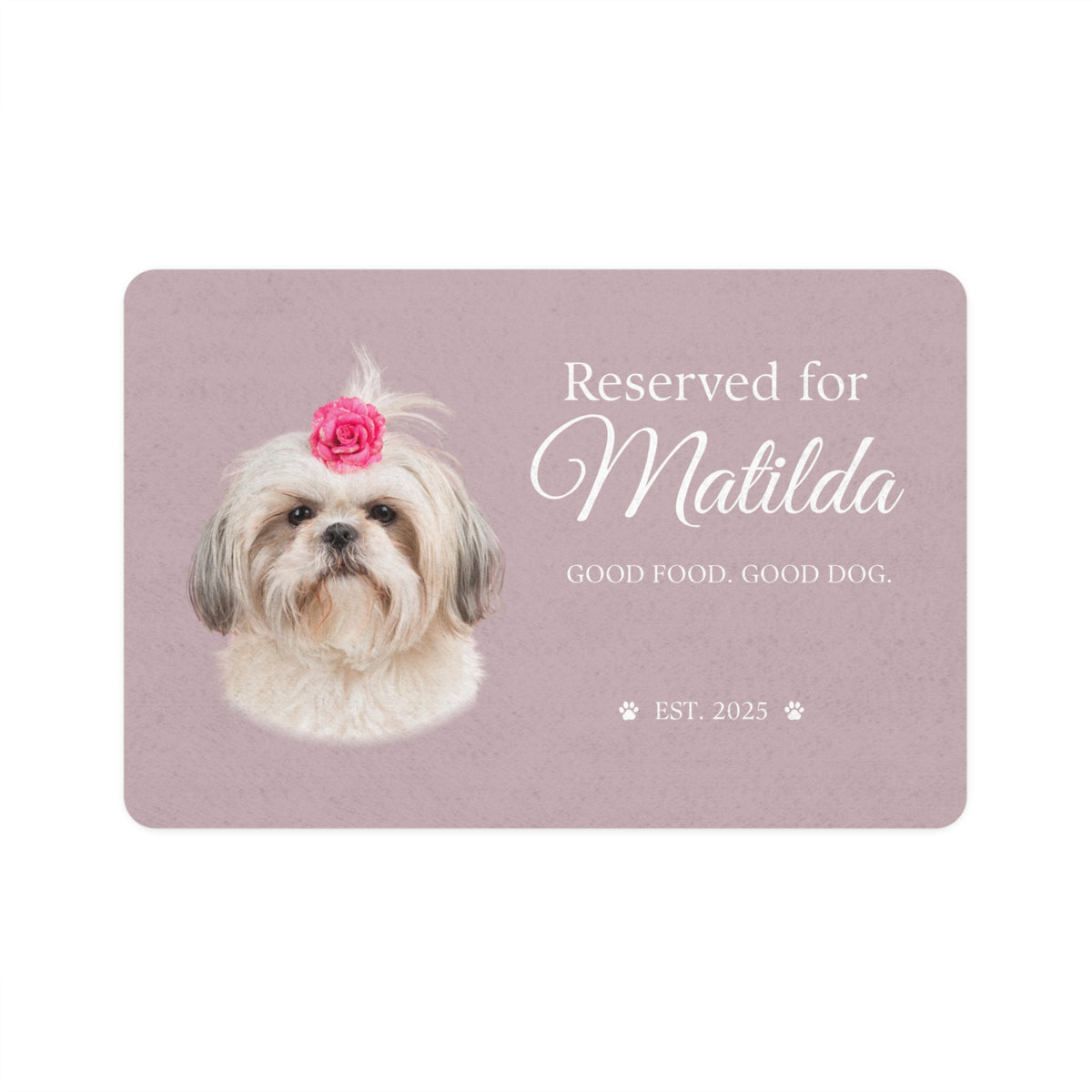Rose personalized dog placemat with a Shih Tzu's photo, a pink bow and the name Matilda.