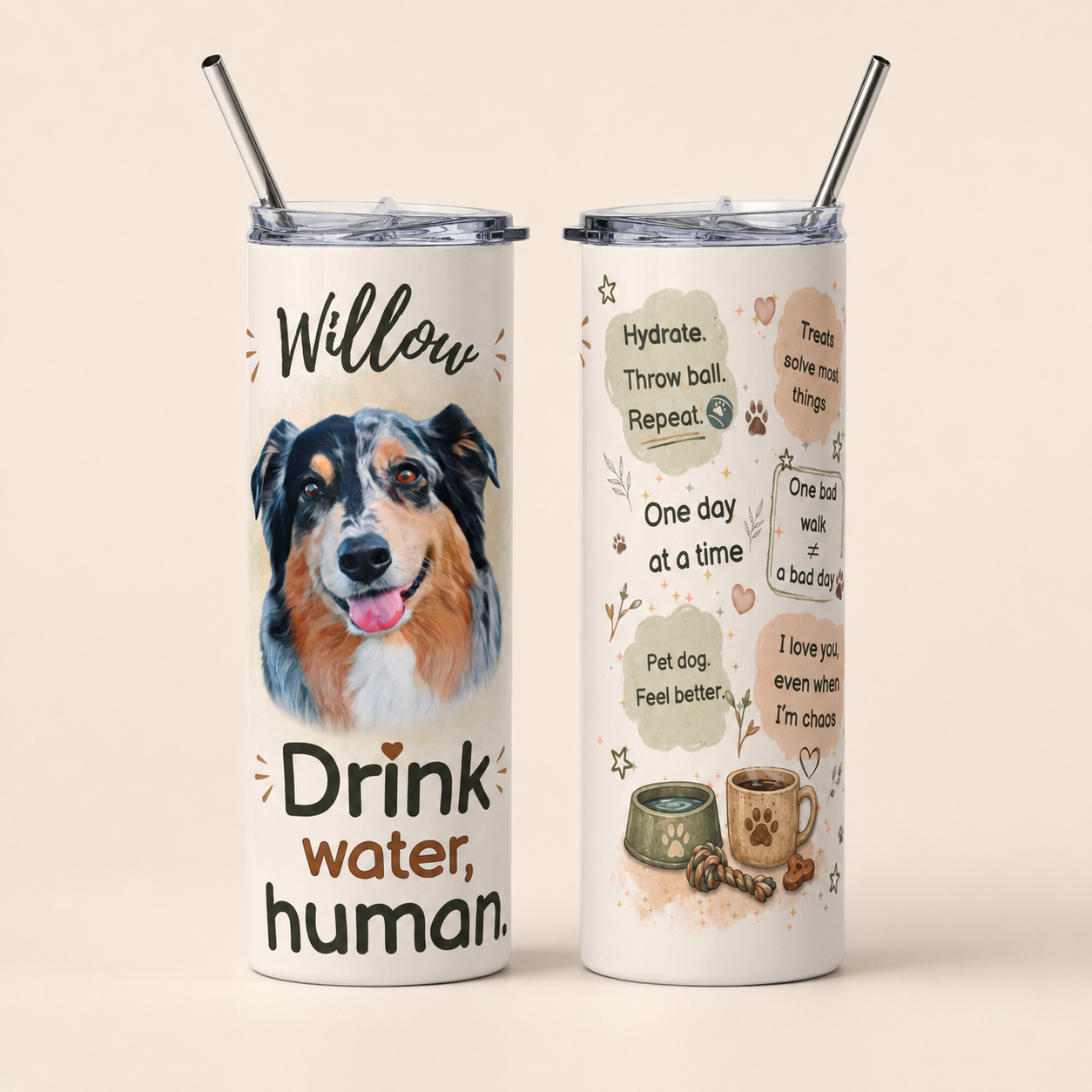 Front and back view of the personalized dog tumbler featuring Willow the Australian Shepherd on a plain background.