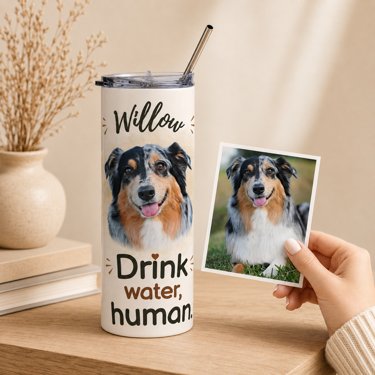 Hand holding an Australian Shepherd's photo beside the matching personalized dog tumbler.