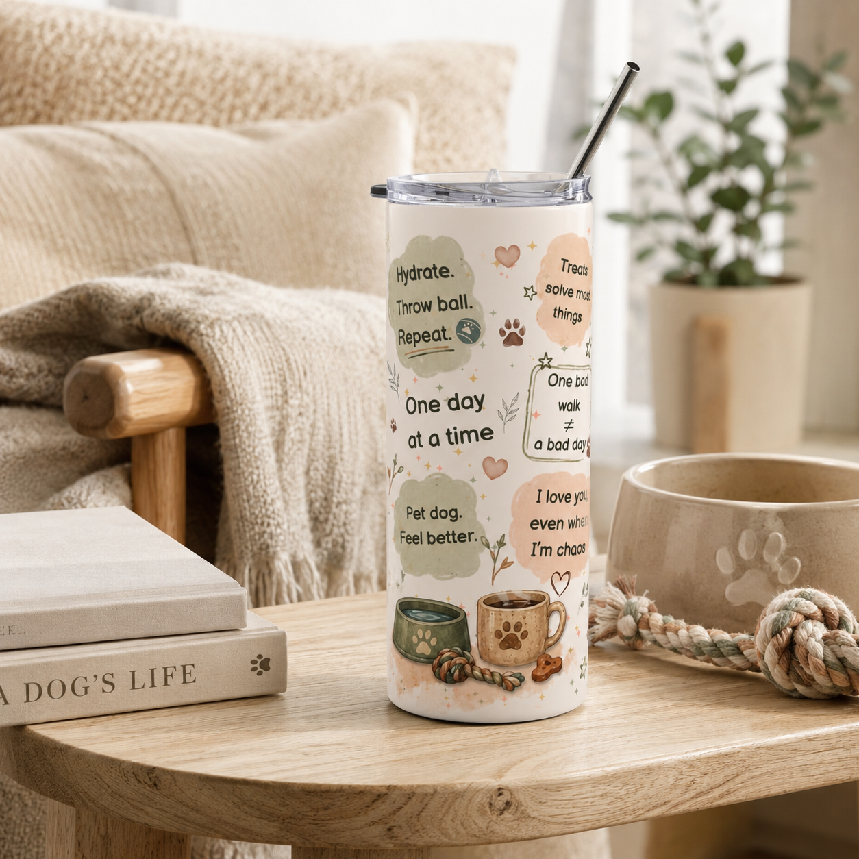 Close-up of the tumbler's back design showing the 'Hydrate. Throw ball. Repeat.' illustrations.