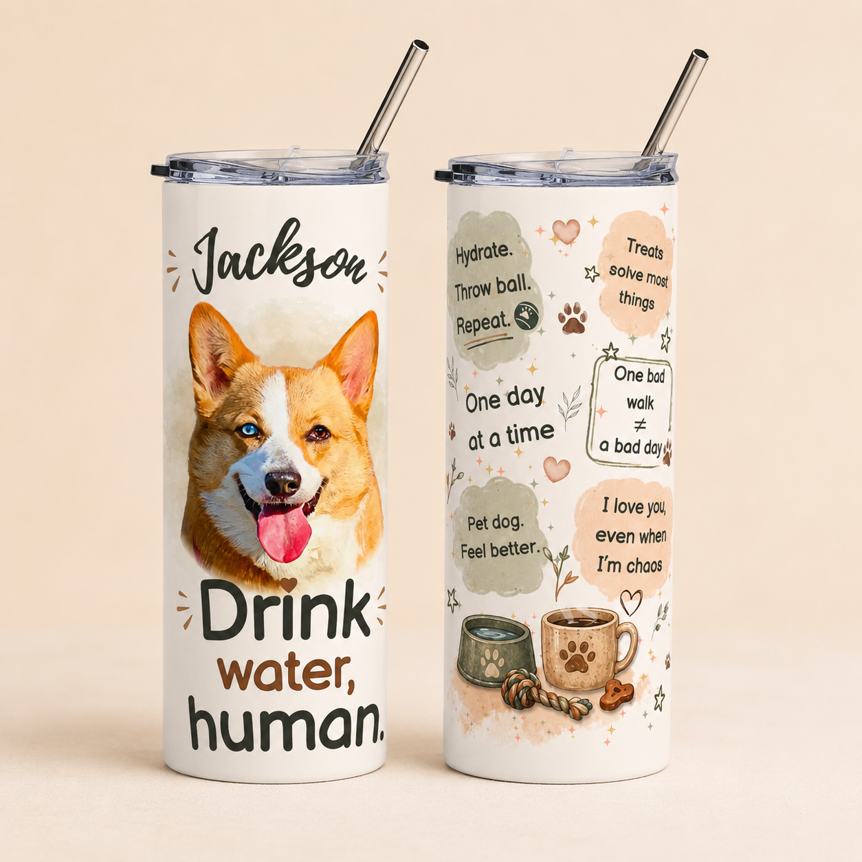 Front and back view of the personalized dog tumbler featuring Jackson the corgi on a plain background.