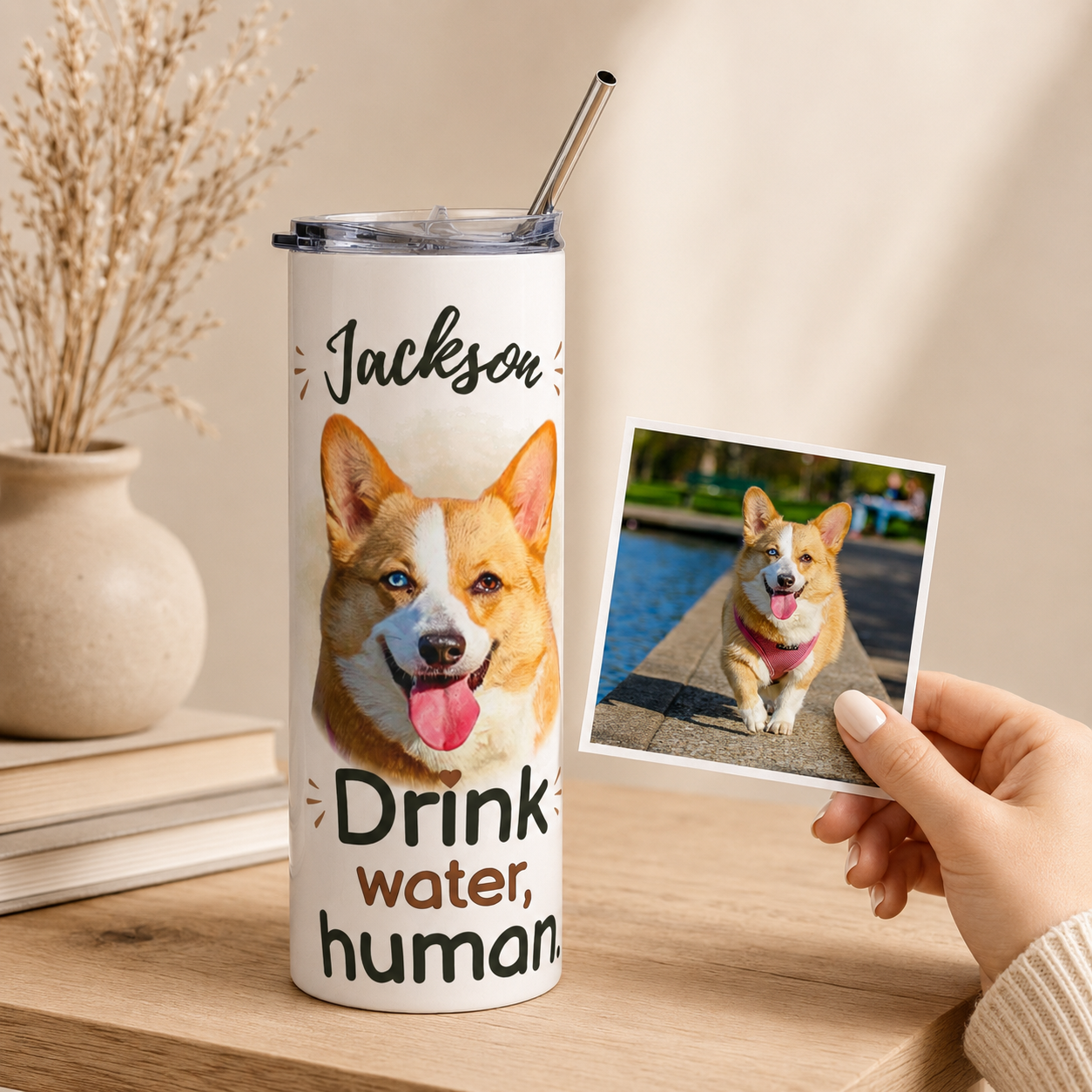 Hand holding an outdoor corgi photo next to the matching personalized dog tumbler.