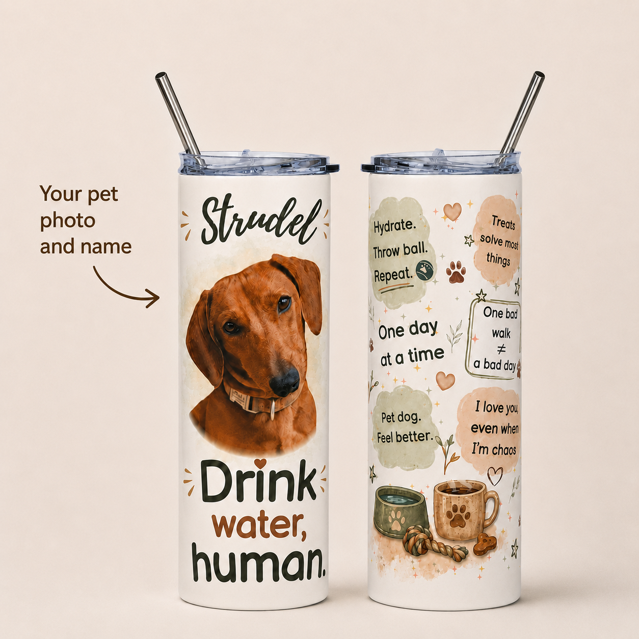Diagram of the personalized dog tumbler pointing out where the pet's photo and name are printed.