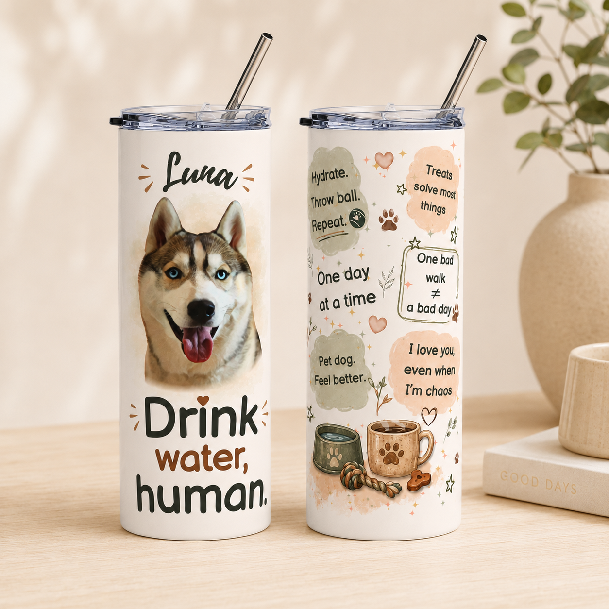 Front and back view of the personalized dog tumbler featuring Luna the husky on a plain background.